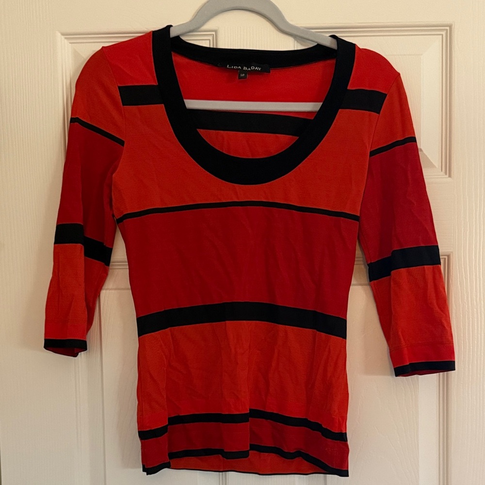 Red and Black Striped Women's Top